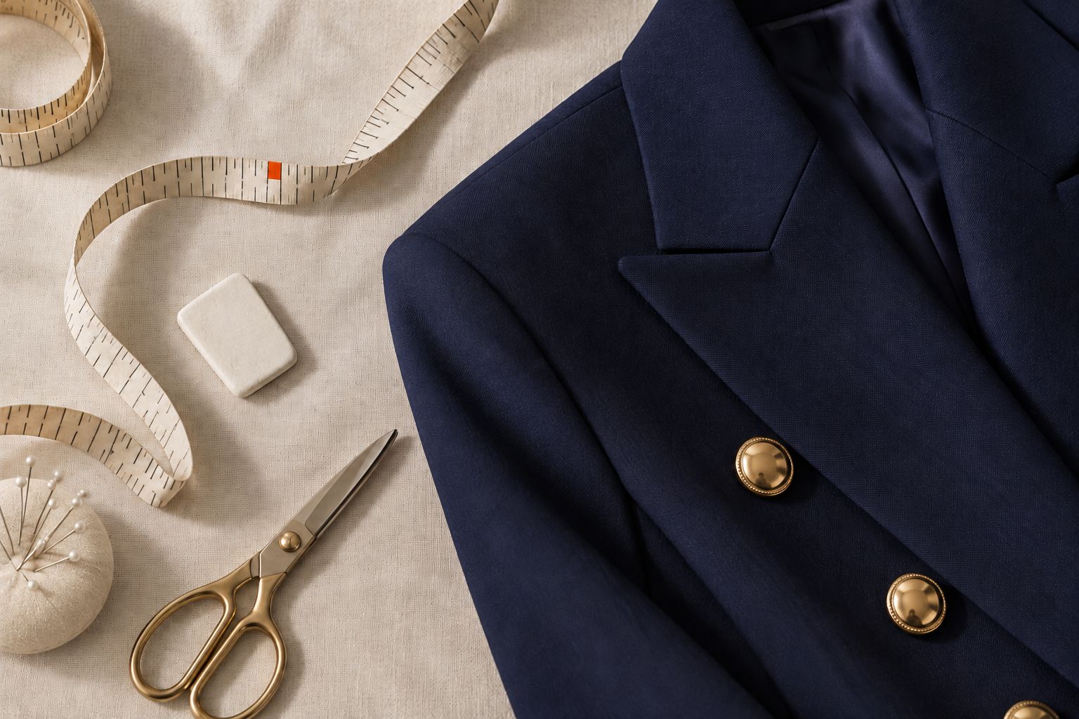 Revers d'un blazer bleu nuit aux boutons dorés, mètre ruban et ciseaux de tailleur