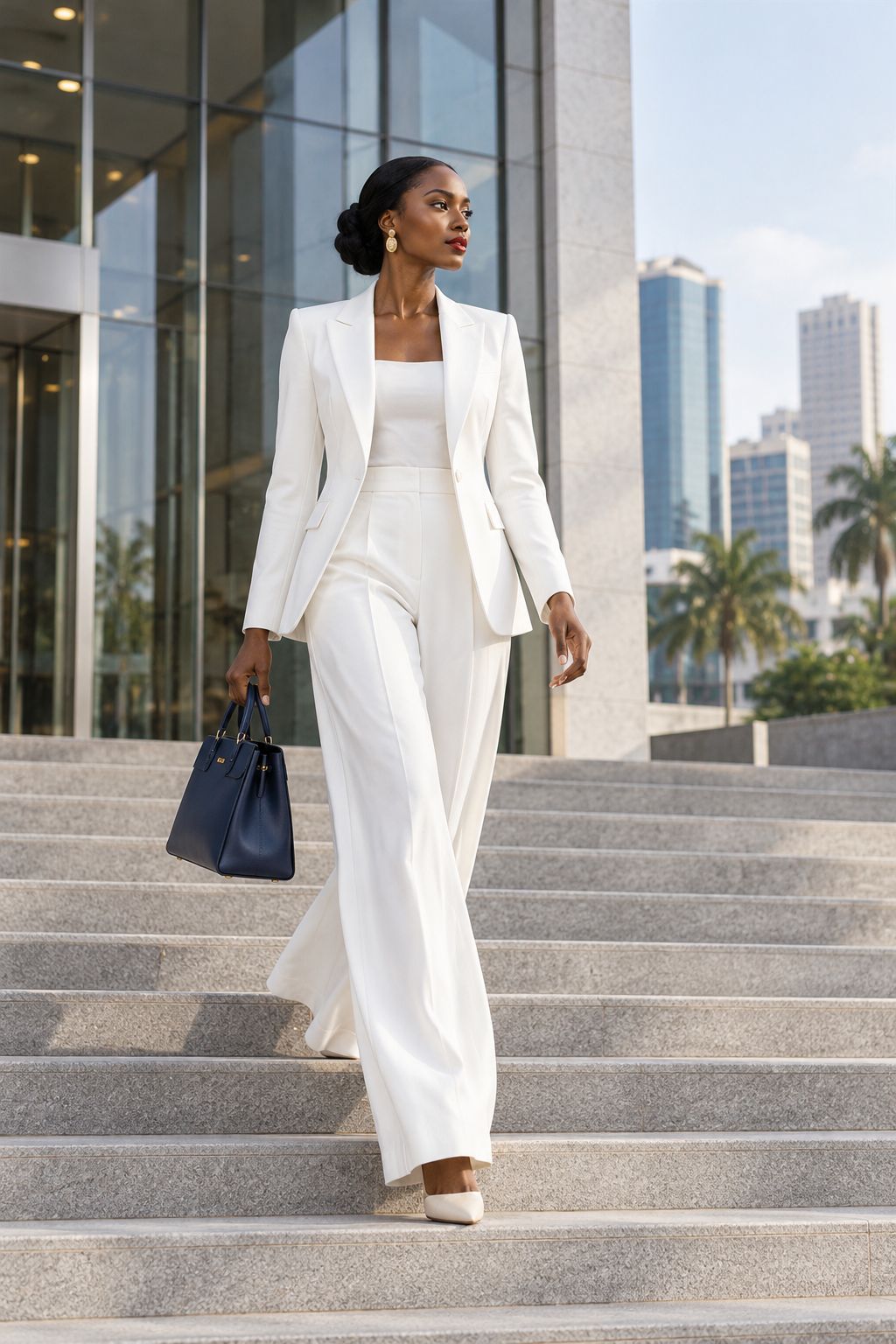 Femme en tailleur blanc descendant les marches d'une tour de bureaux