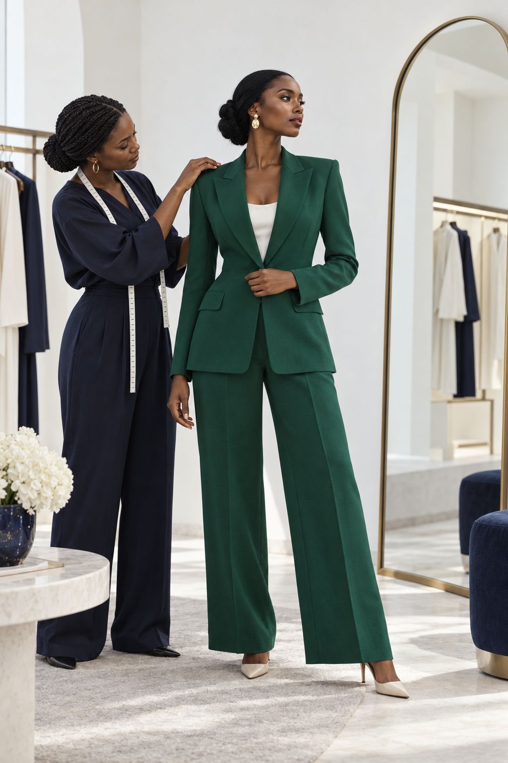 Essayage d'un blazer vert émeraude avec une conseillère