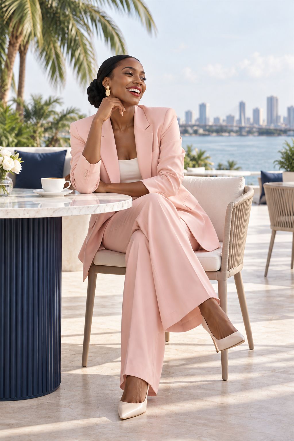 Femme en ensemble rose poudré à une terrasse au bord de la lagune