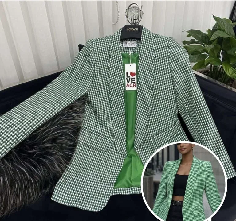 Blazer Pied-de-Poule Vert et Blanc – Col châle
