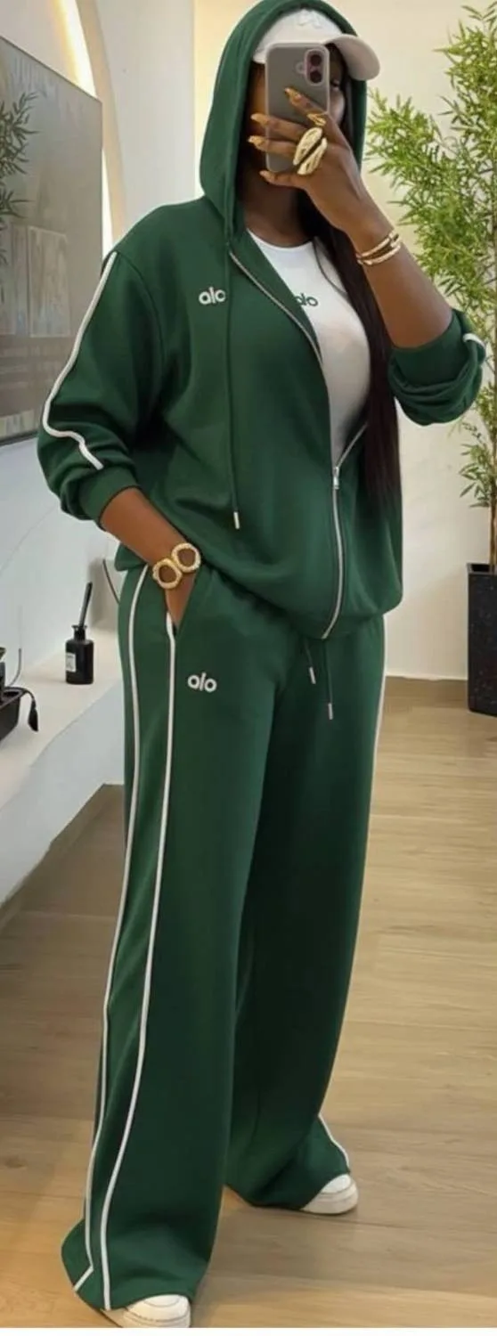 Survêtement Zippé à Capuche – Pantalon large à liseré — Vert