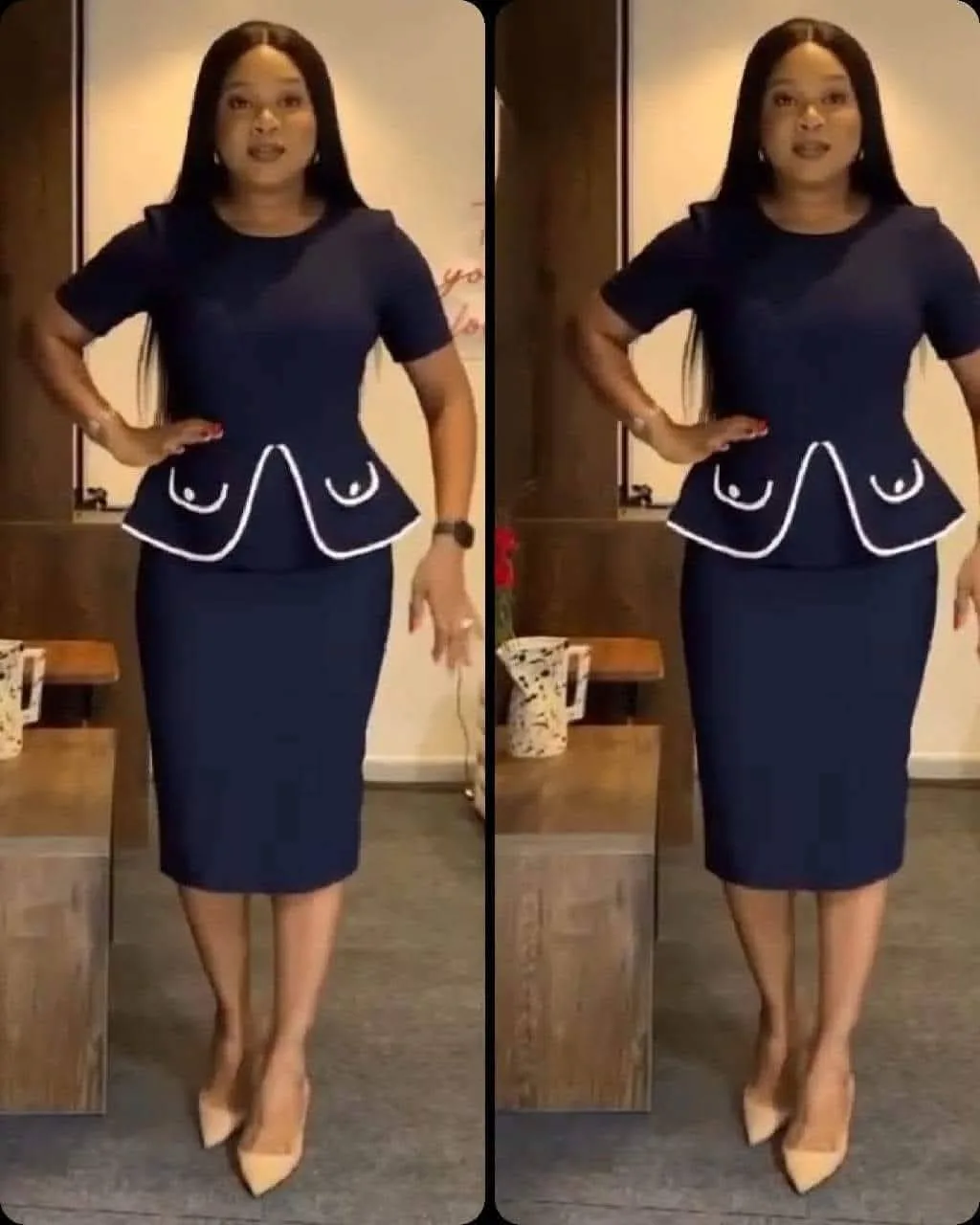 Tailleur femme jupe élégante – Haut basque à bordure blanche & jupe crayon