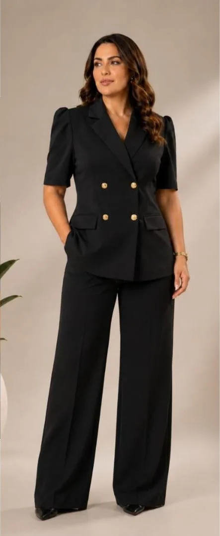 Tailleur Noir Manches Bouffantes – Veste croisée aux boutons dorés