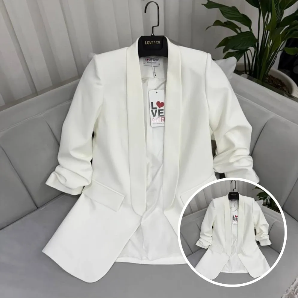Blazer Manches Froncées – Col châle uni — Blanc