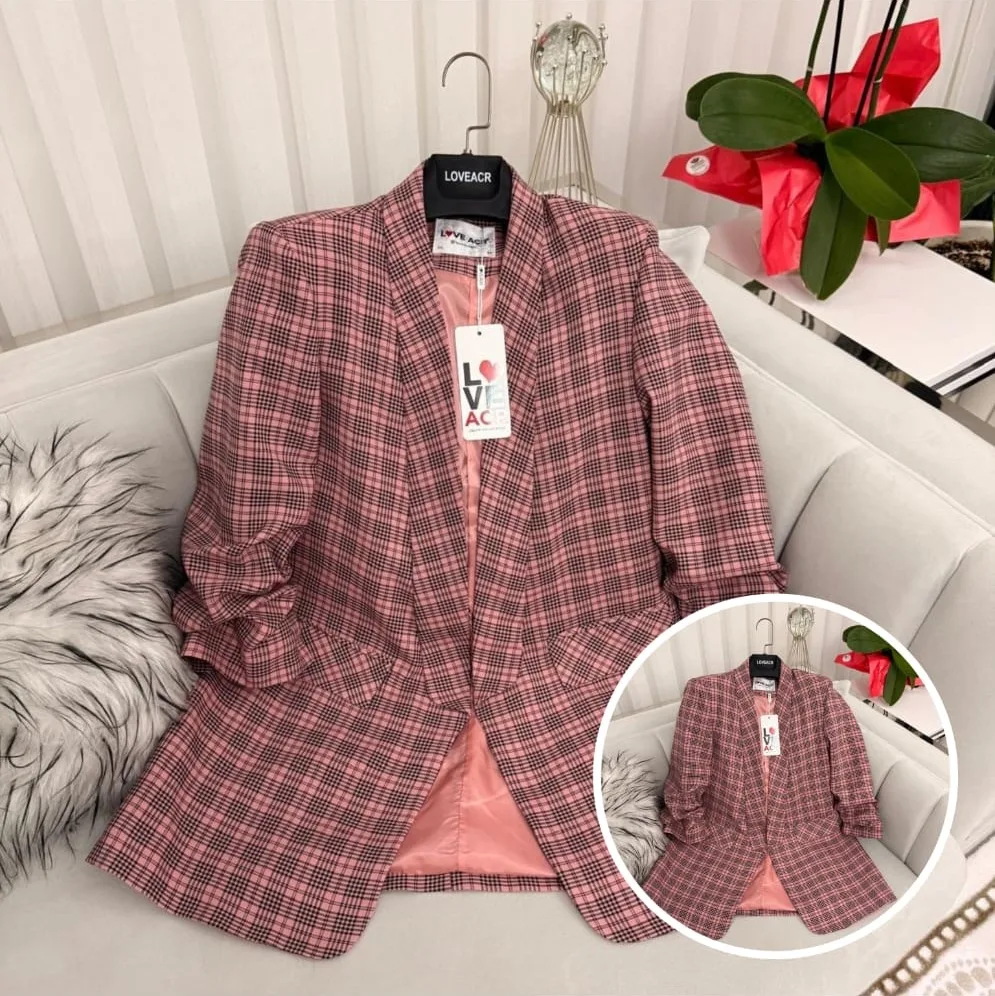 Blazer à Carreaux – Manches froncées, rose ou lilas — Carreaux rose