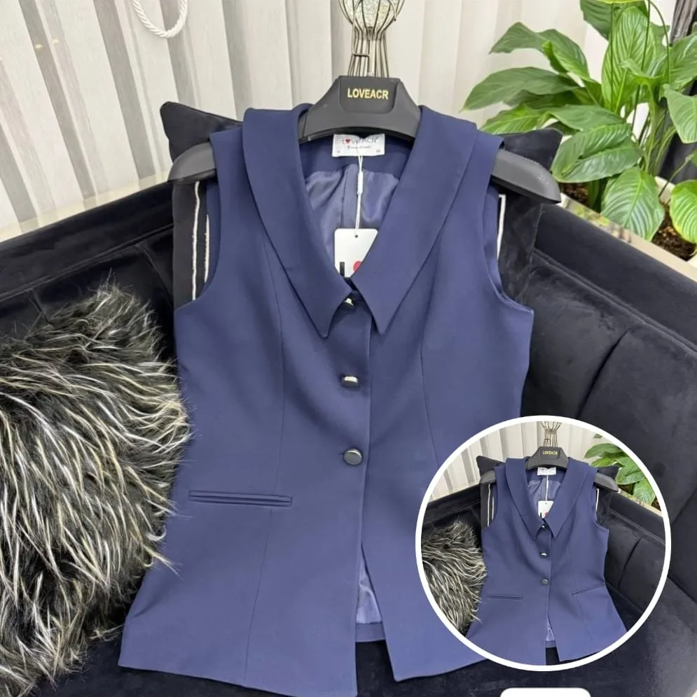 Gilet Tailleur Bleu Marine – Col pointu, sans manches